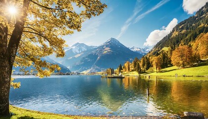 landscape with alps and zeller see in zell am see salzburger land austria beautiful sunny day in alps wonderlust view of highland lake with autumn trees under sunlight and perfect sky