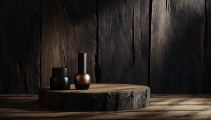 3d cosmetic product background 3d realistic old black wood and podium for presentation of cosmetics perfume 3d rendering illustration