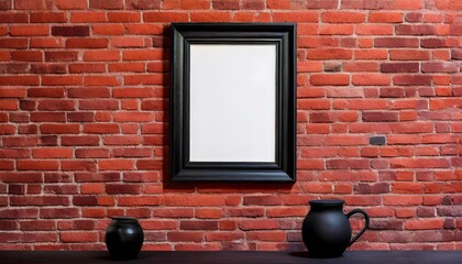 a mockup featuring a black frame displayed on a striking red brick wall creating a bold and contrasted backdrop for showcasing designs or artwork with a touch of urban chic
