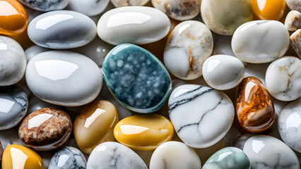 A collection of colorful stones and rocks are displayed on a table