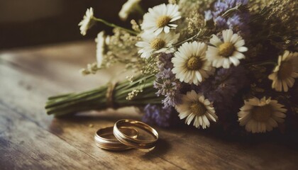 wedding rings and a bouquet of wildflowers country wedding vibe