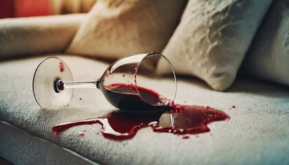 closeup of red wine spilled on white sofa cushion
