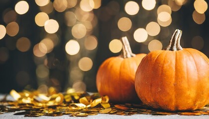 glamorous pumpkins with golden confetti and bokeh festive background