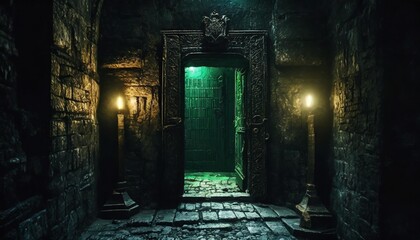 door in the darkness grim dark fantasy dungeon cell necromancer lair horror by generative ai