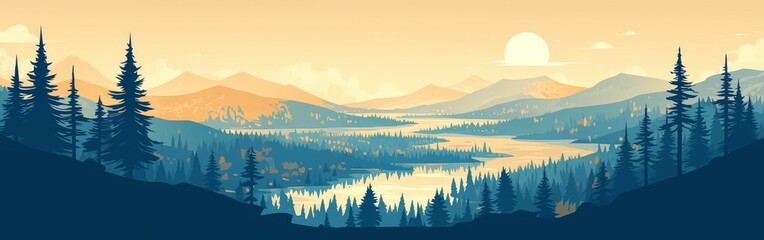 Illustration of mountains with trees and a lake, with harsh lighting and bold contrast