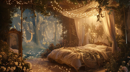 A whimsical fairy tale bedroom with a canopy bed, twinkling string lights, and a mural of a enchanted forest.