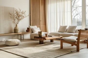 Fototapeta premium A living room with a white couch, a coffee table, and a vase with flowers on it. The room has a cozy and inviting atmosphere