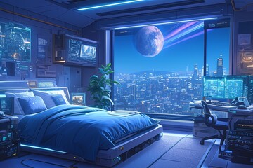 A futuristic bedroom with neon lights and holographic displays, creating an immersive atmosphere for sleeping