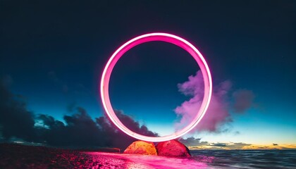 3d render abstract cloud illuminated with neon light ring on dark night sky glowing geometric shape round frame generate ai