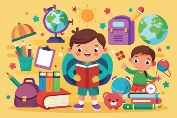 Happy Kids Learning with School Supplies. Back to School Education Concept Illustration.