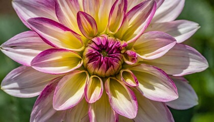 extreme closeup of vibrant multi colored dahlia in summertime