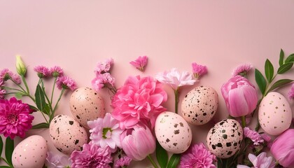 vibrant easter arrangement with speckled eggs and a variety of pink flowers creating a lively border on a pastel pink background