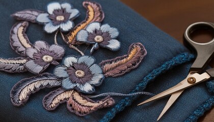 embroidered blue applique with floral design