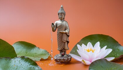buddha statue water lotus buddha standing on lotus flower on orange background generative ai
