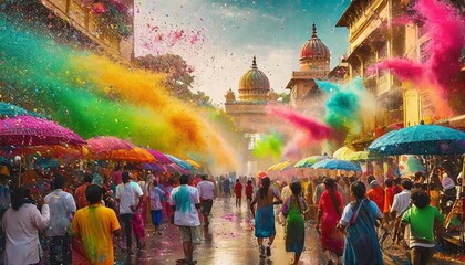 a street scene in india showing crowds of people splashing colored water on each other for holi