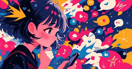 A girl is looking at her phone in the style of Japanese anime, with speech bubbles floating around and social media icons swirling above it. 