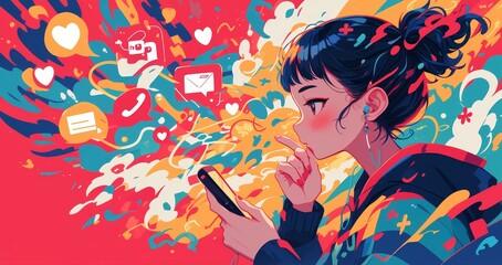 A girl is looking at her phone in the style of Japanese anime, with speech bubbles floating around and social media icons swirling above it.