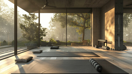 A zen-inspired home gym with a yoga mat, a minimalist weight rack, and a serene view of the...