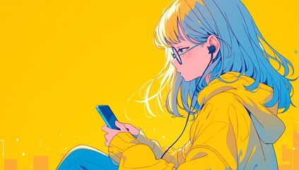 A girl is wearing earphones and holding her phone in the style of flat illustrations, colorful cartoon character