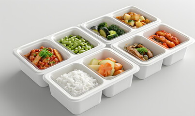 Lunch box with vegan food isolated on a plain white background. Traditional healthy food in a square white takeaway box. Healthy eating, vegan, rice, beans, cucumber