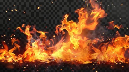 Fototapeta na wymiar Realistic fire flames isolated on transparent background. High-quality PNG image of burning fire effect for design projects