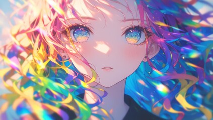 A girl with colorful hair, in the style of anime, long curly rainbow colored hair flowing in the wind, looking at me, in the style of anime, beautiful face
