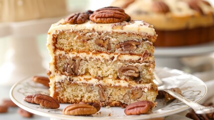 a slice of pecan cake on a white plate, national pecan cake day 