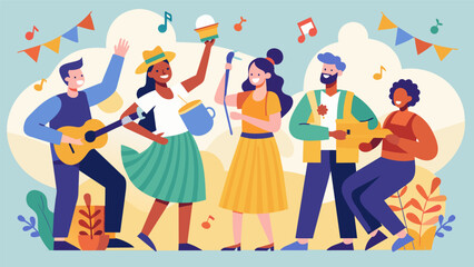 Local musicians played upbeat tunes inviting everyone to get up and dance making the picnic a joyful celebration of unity and togetherness.. Vector illustration