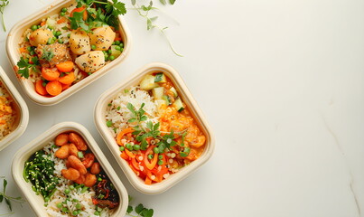 Lunch box with different food, on a simple light white background. Healthy homemade food in square white takeaway boxes. Fast food, vegetables, greens, peas, carrots