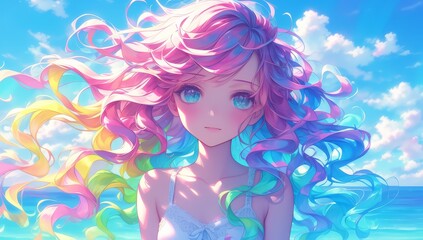 A girl with colorful hair, in the style of anime, long curly rainbow colored hair flowing in the wind, looking at me, in the style of anime