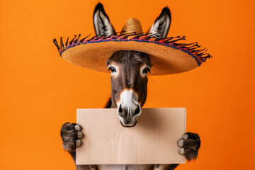 a donkey portrait wearing a sombrero hat and mexican style clothing holding a blank sign