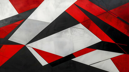 A composition featuring layered geometric shapes in a stark contrast of red, black, and white, emulating a modern abstract art piece, captured with HD clarity and realistic shading