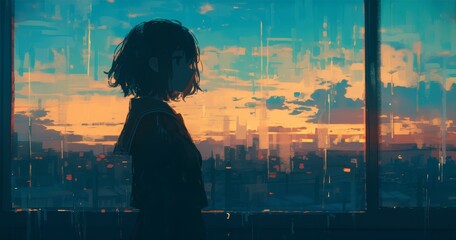 A girl with short hair stands at the window, looking out at an evening cityscape, her reflection visible in the glass as raindrops fall outside.