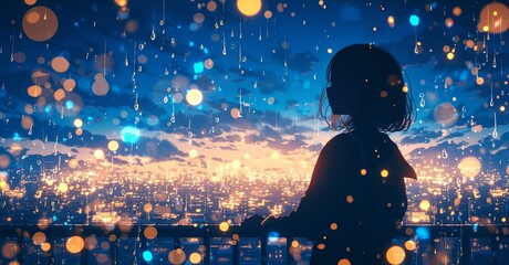 A girl with short hair stands in front of the window, looking out at city lights and raindrops falling on glass, in an anime style, with a dark blue sky and dark orange light shining through clouds