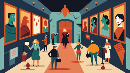 Obraz premium The walls of the gallery were lined with intricate carvings and paintings depicting the spread of rumors perfectly capturing the chaotic and.