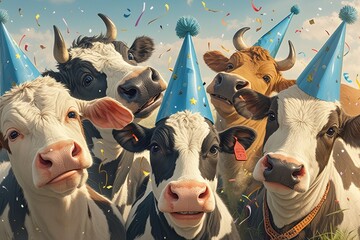 A group of cows wearing blue party hats, standing in front of the camera, creating an atmosphere of joy and celebration. 
