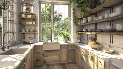An airy kitchen with open shelving, marble countertops, and a vintage farmhouse sink.