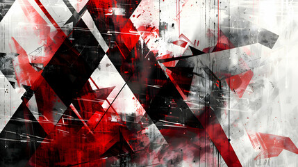 A digital creation of an abstract wallpaper with sharp geometric shapes, incorporating an intense contrast of red, black, and white, resembling an HD photograph