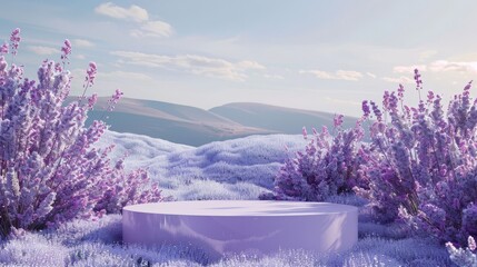 3d pastel podium for product presentation with lavender flowers. Mockup template design, cosmetic beauty mockup