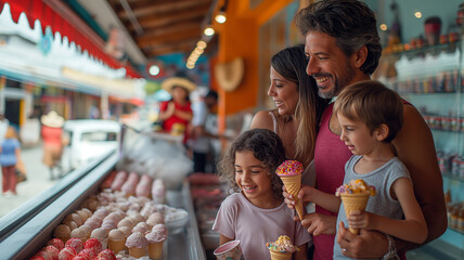 Latin Family Enjoys Ice Cream on Vibrant City Vacation