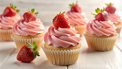 Cupcakes with pink frosting and fresh strawberries on top, placed on a white wooden table. - obrazy, fototapety, plakaty