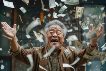 Obraz premium Middle-aged asian man celebrates winning jackpot by tossing dollars in the air.