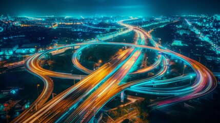Timelapse shot of light trails from cars on a busy highway expressway at night, capturing the vibrant energy of urban transportation - obrazy, fototapety, plakaty