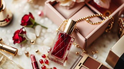 A collection of upscale beauty items featuring a prominent perfume bottle, roses, and cosmetics on a soft, textured surface.
