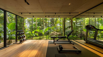 A sleek home gym equipped with sustainable bamboo flooring, energy-efficient LED lighting, and...
