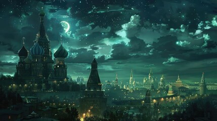Russian night sky with cityscape
