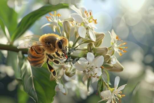 honey bee collecting nectar from delicate white chinese violet blossom closeup in field realistic digital painting
