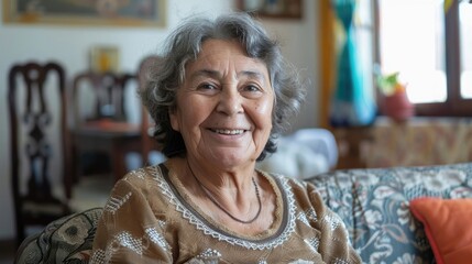 Senior latina woman happy sitting on her sofa in the living room at home, smiling retired pensioner healthy mature woman hd