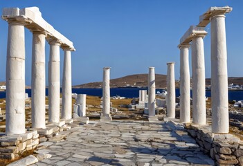 Fototapeta premium 'Heritage Greek World Cyclades Site Delos Islands Europe October Mykonos Greece UNESCO pattern Travel Wall Color Old Photography Stone Day Island Architectural'