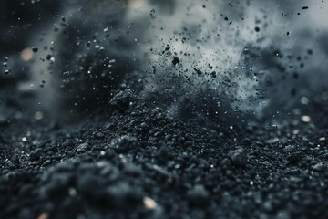 explosive black charcoal dust particles exhaling in air dynamic abstract background